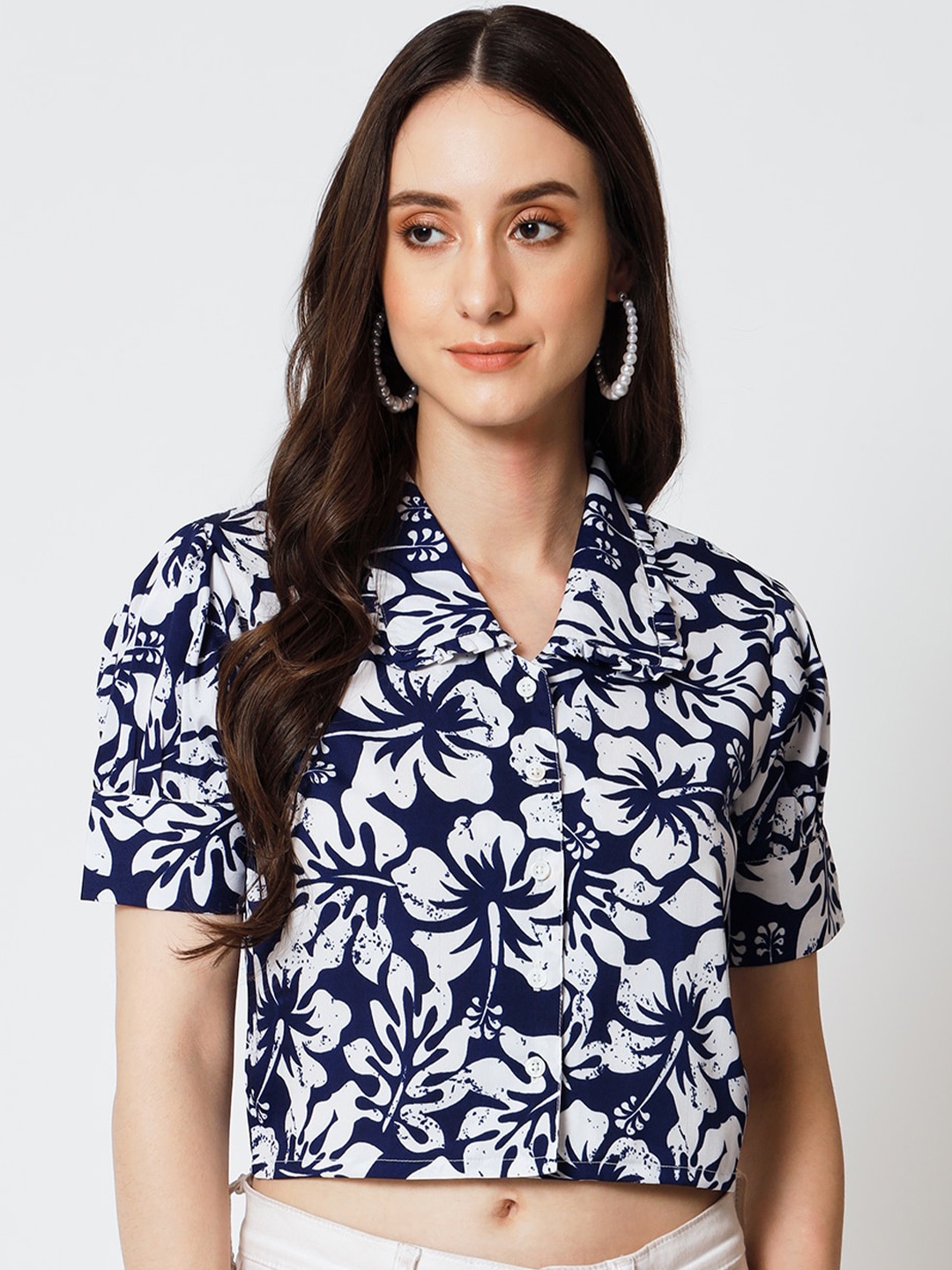 

Yaadleen Floral Printed Shirt Style Crop Top, Navy blue
