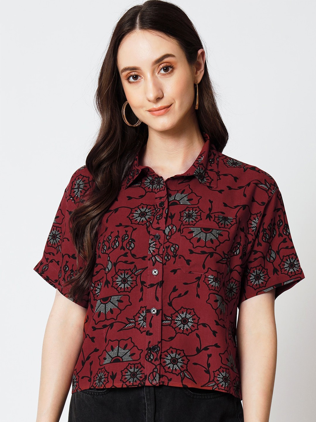 

Yaadleen Floral Printed Cotton Shirt Style Top, Burgundy