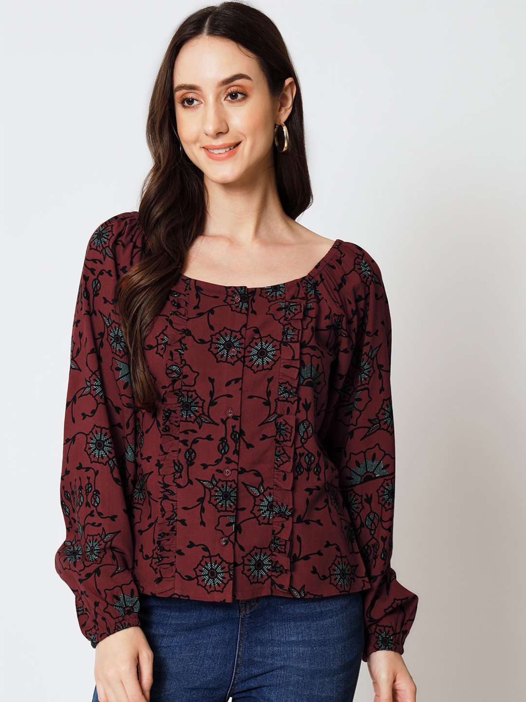 

Yaadleen Maroon Floral Printed Puff Sleeve Cotton Shirt Style Top