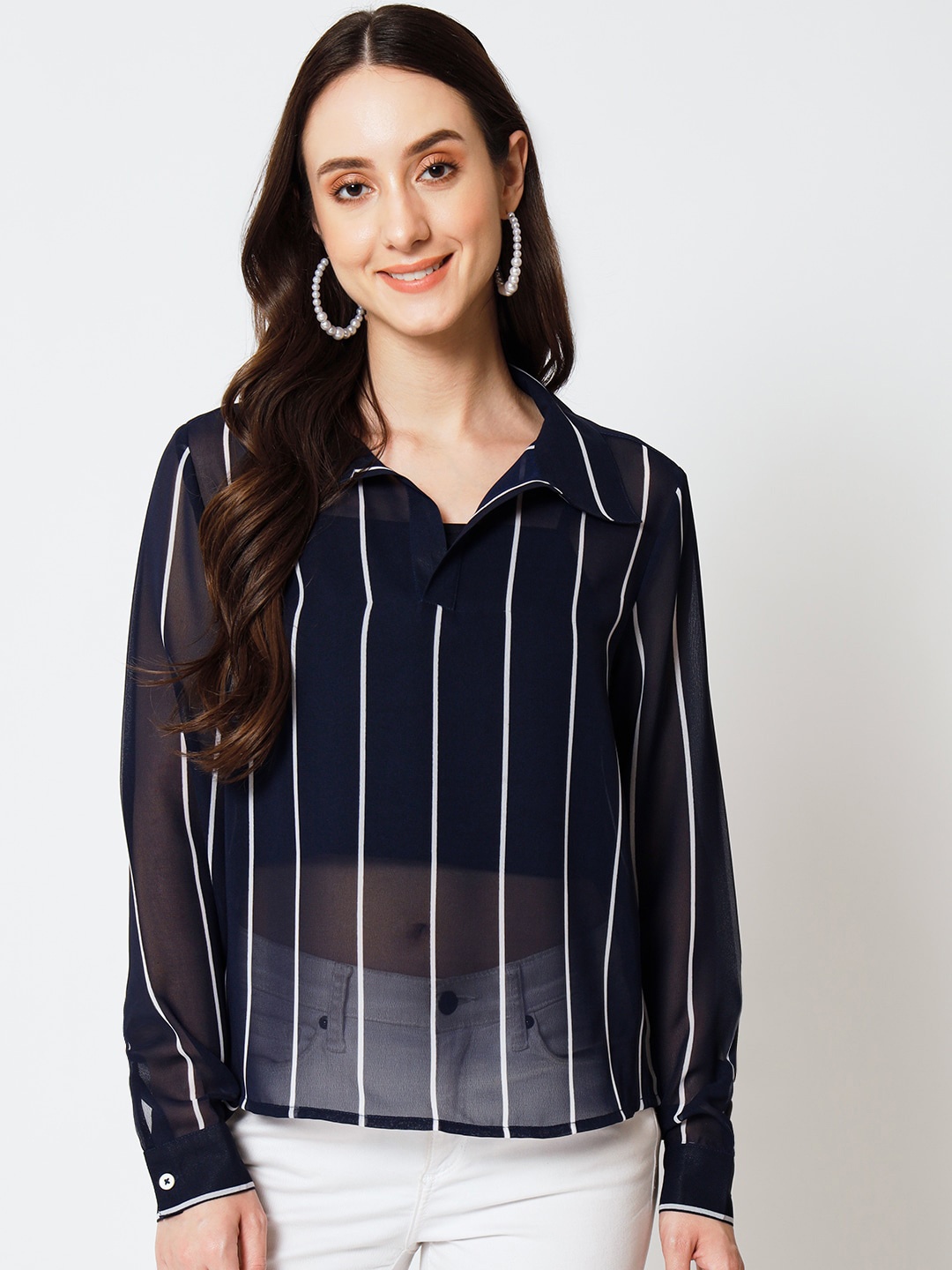 

Yaadleen Shirt Collar Vertical Striped Cuffed Sleeves Top, Navy blue