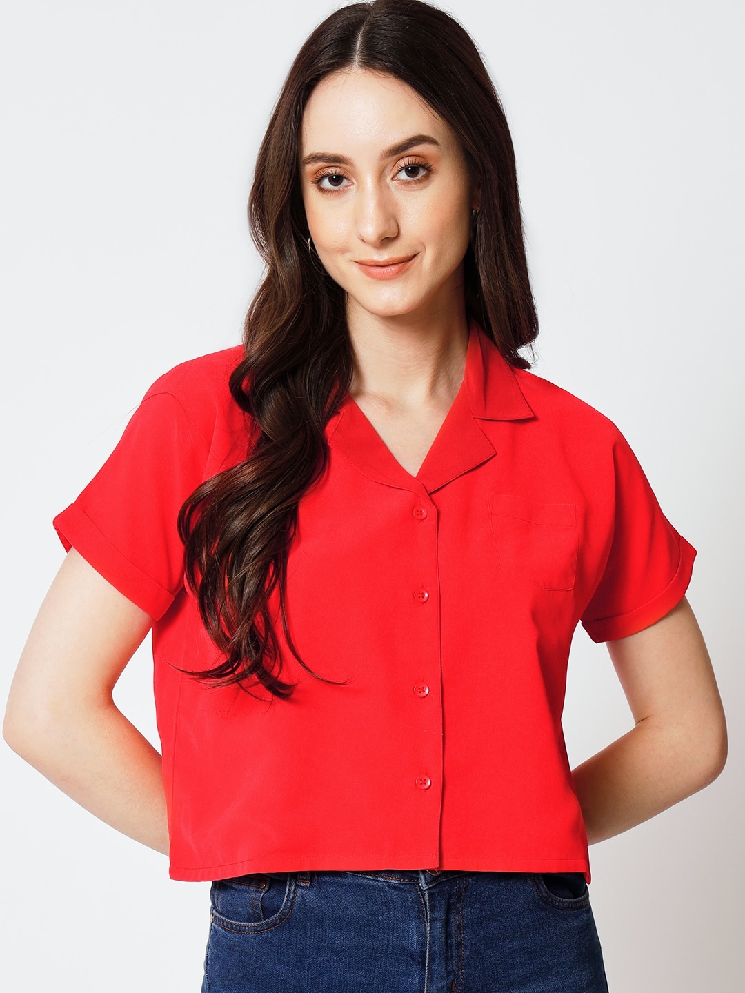 

Yaadleen Extended Sleeves Georgette Shirt Style Crop Top, Red