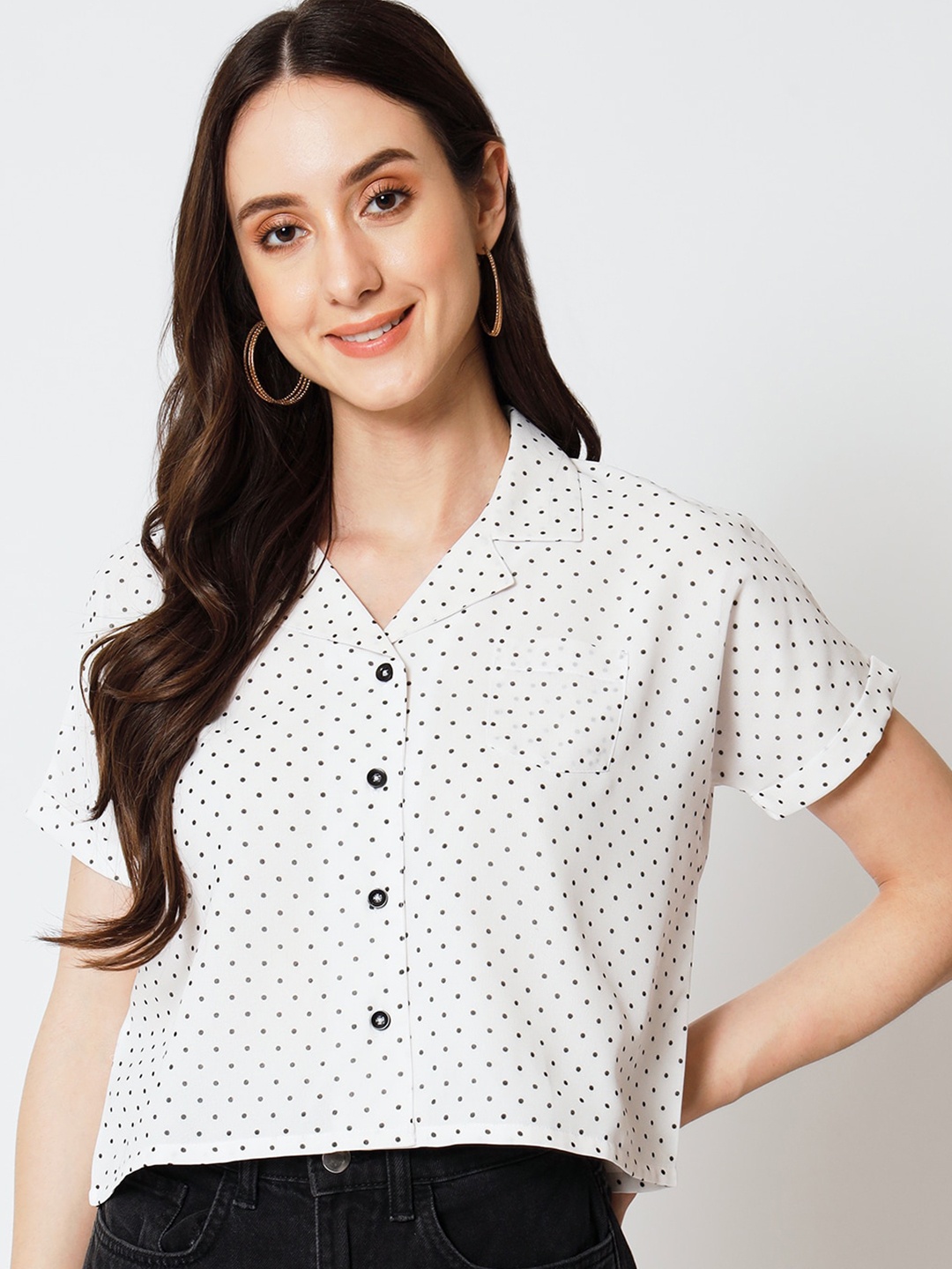 

Yaadleen Polka Dot Printed Shirt Style Top, White