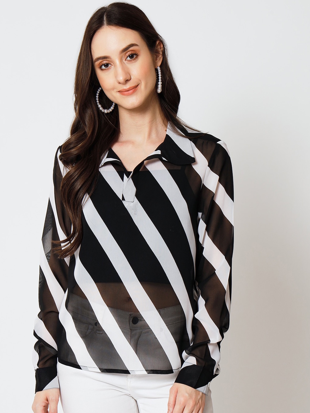 

Yaadleen Striped Georgette Shirt Style Top, Black