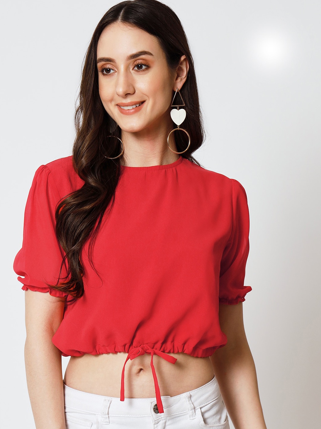 

Yaadleen Round Neck Puff Sleeve Blouson Crop Top, Red