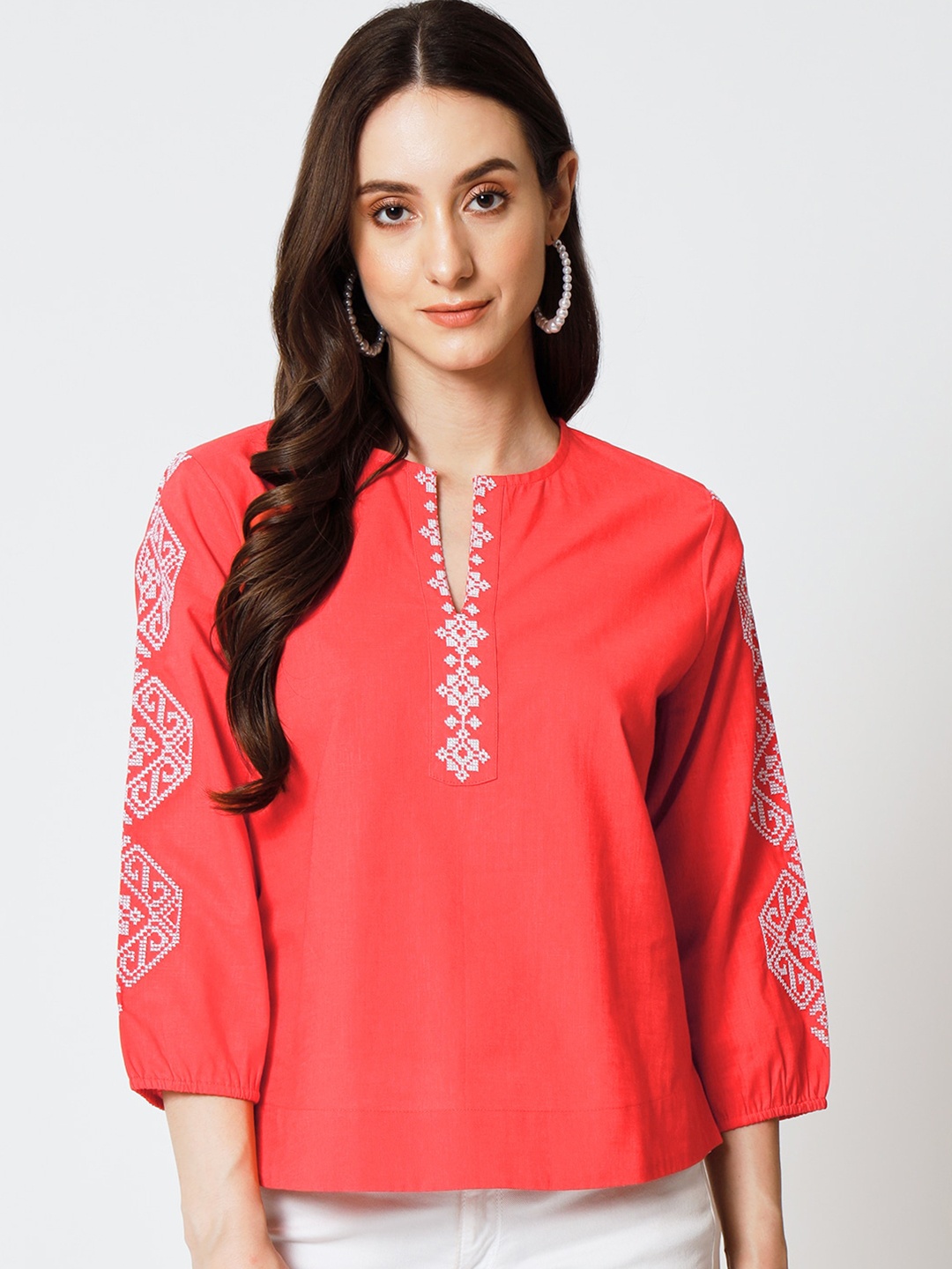 

Yaadleen Ethnic Motif Embroidered Notch Neck Cotton Regular Top, Rust