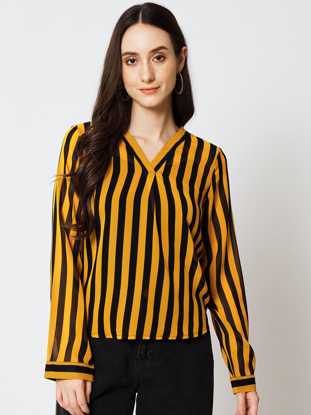 

Yaadleen Striped V-Neck Cuffed Sleeves Top, Yellow