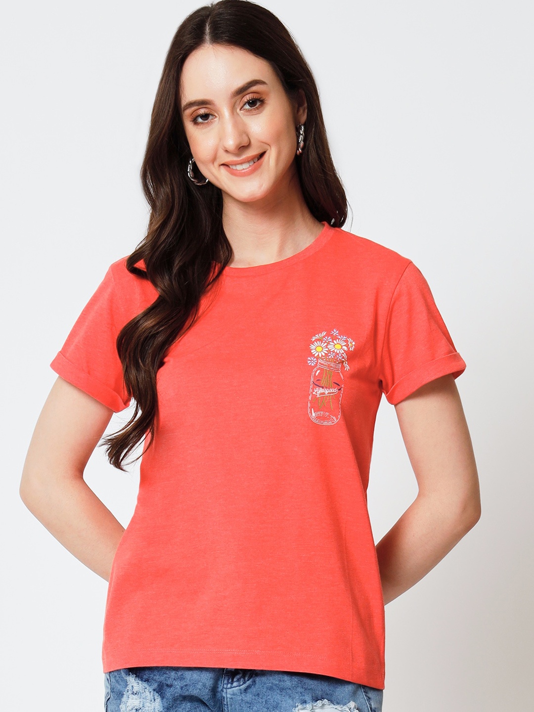 Yaadleen Round Neck Short Sleeves Cotton Top, Coral