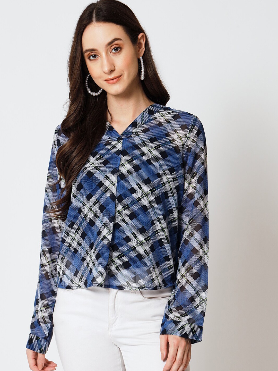 

Yaadleen Checked V-Neck Shirt Style Top, Blue