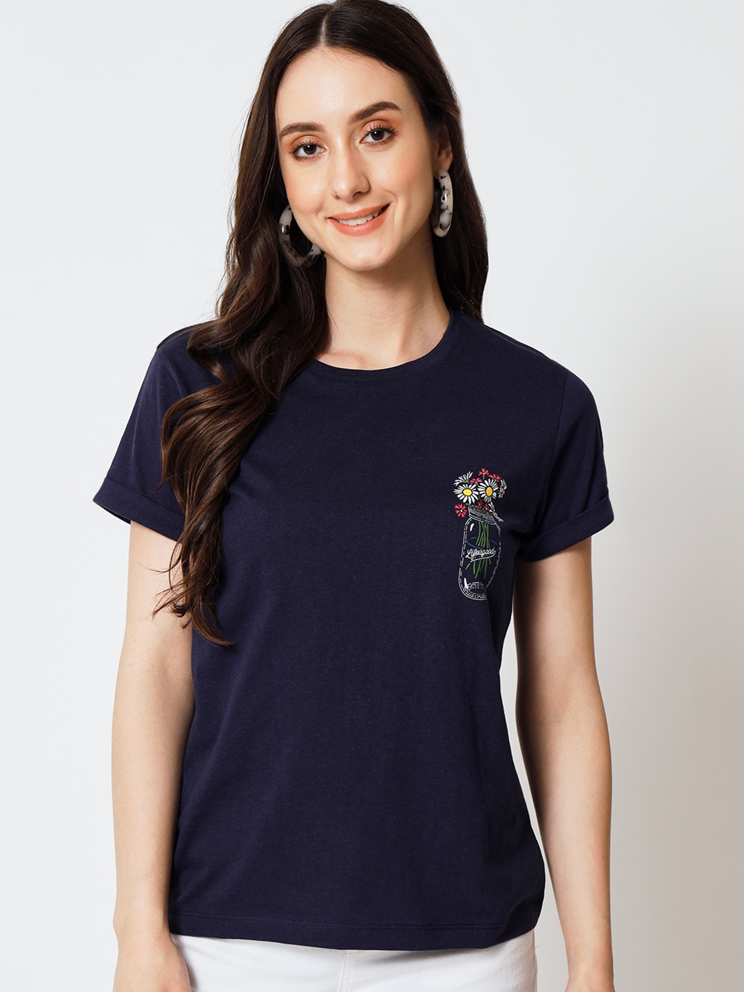 

Yaadleen Floral Printed Fitted Cotton Top, Navy blue