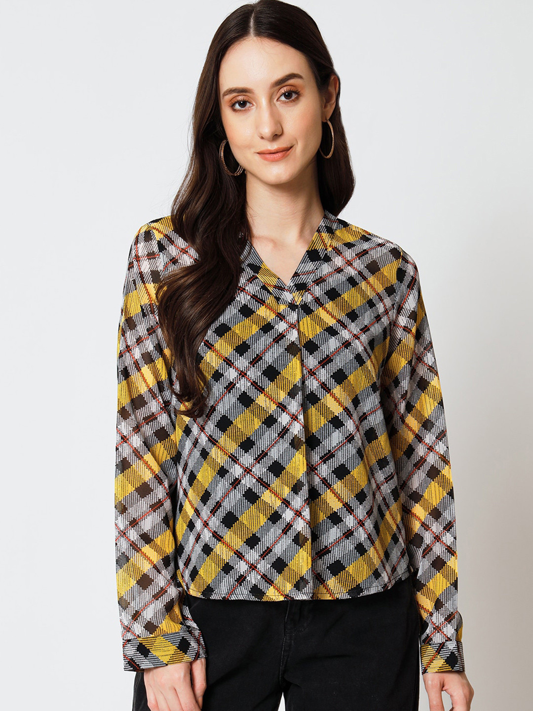 

Yaadleen Checked Shirt Style Top, Black