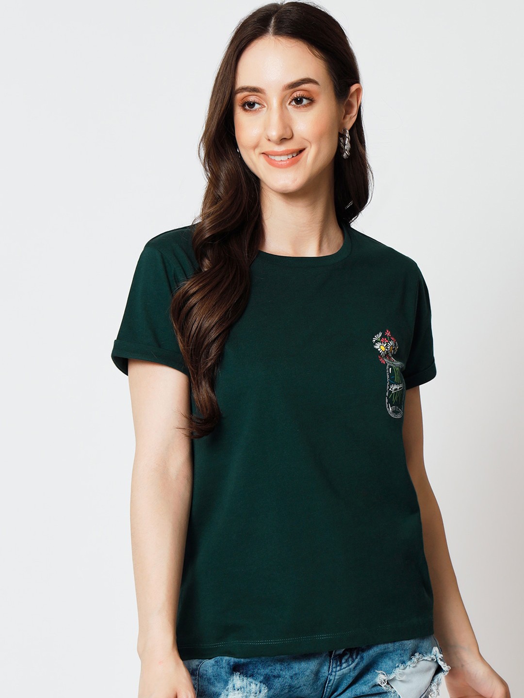 

Yaadleen Floral Print Round Neck Cotton Top, Green