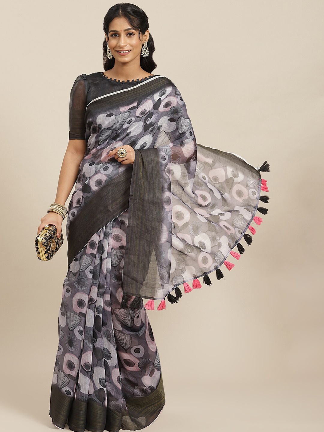 

Somras Floral Printed Zari Saree, Grey