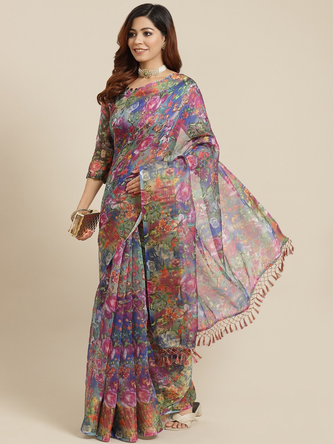 

Somras Floral Printed Zari Saree, Blue