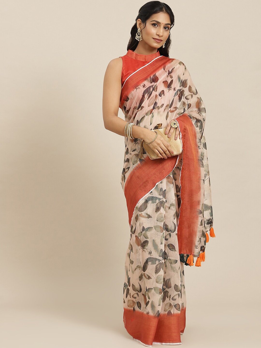 

Somras Floral Printed Zari Saree, Cream