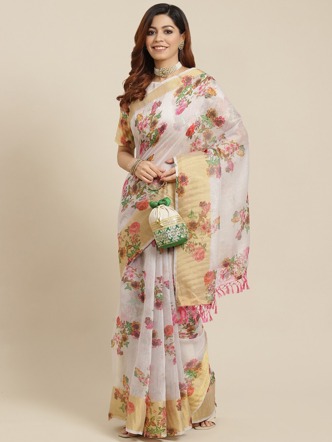 

Somras Floral Linen Blend Saree With Blouse Piece, White