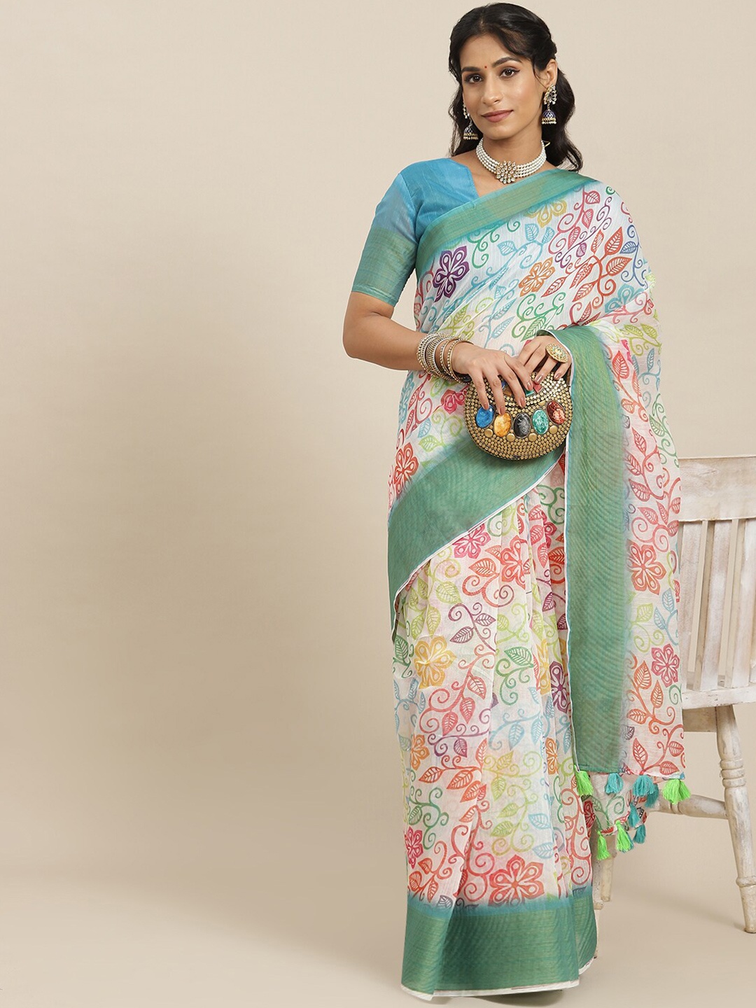 

Somras Floral Linen Blend Saree With Tassle, White