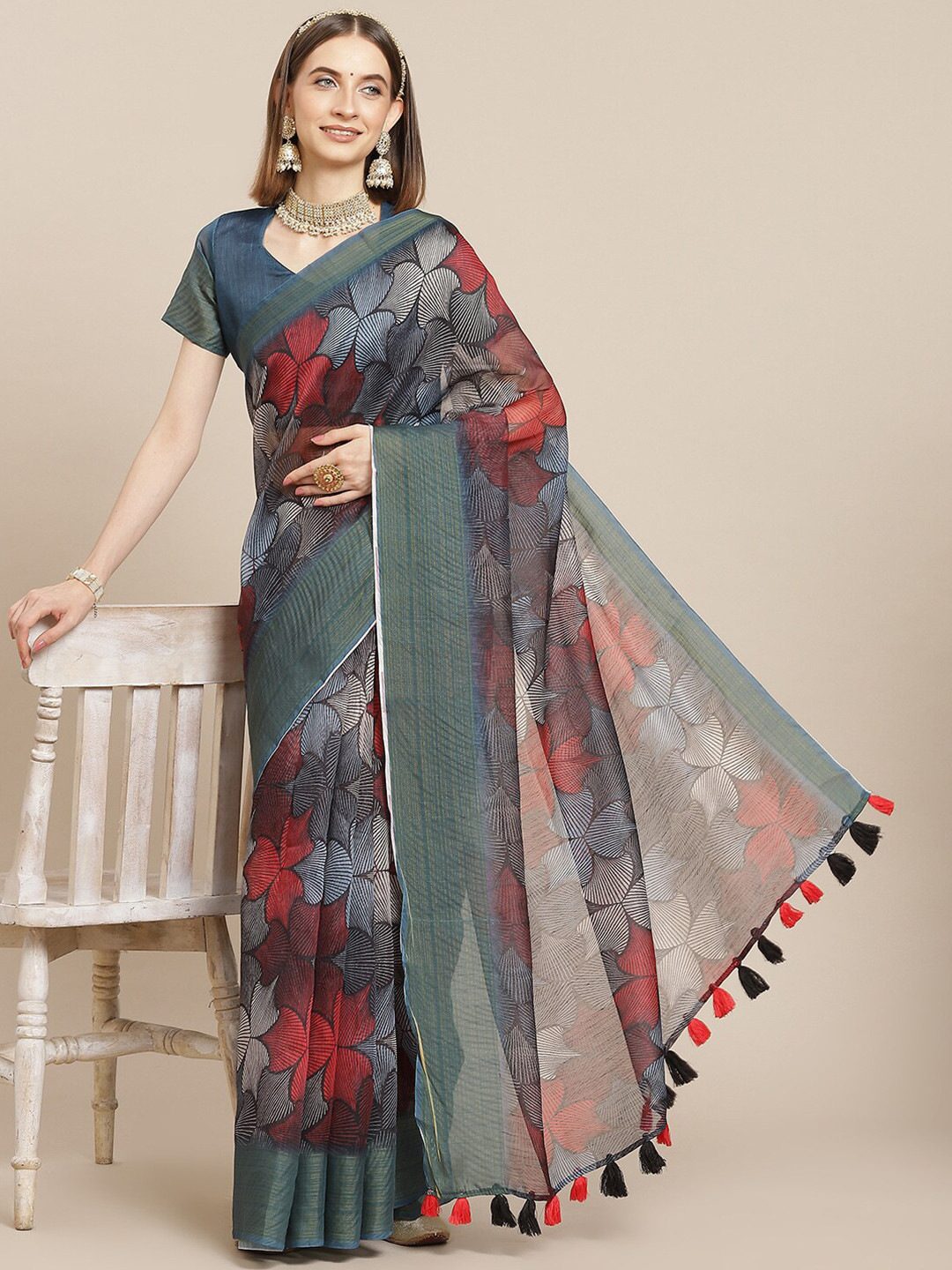 

Somras Floral Printed Zari Saree, Teal