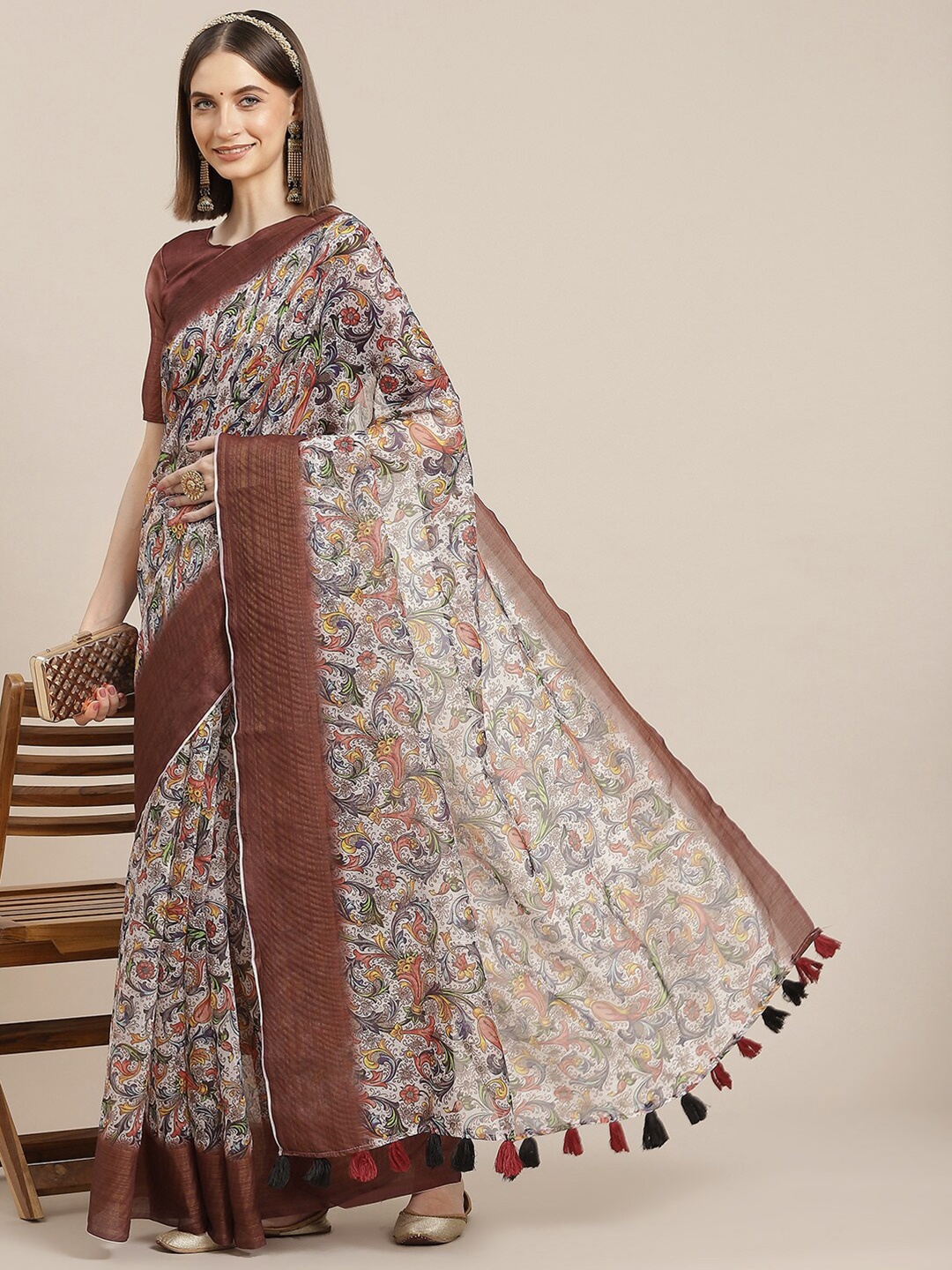 

Somras Floral Printed Zari Saree, Brown