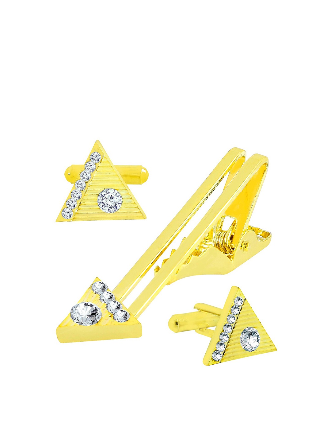 

ZIVOM Men Gold-Plated Triangle Stone Studded Formal Cufflink & Tie Pin