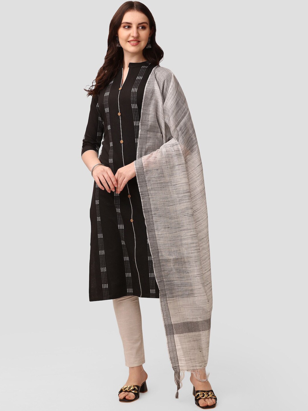 

HERE&NOW Black Striped Regular Pure Cotton Kurta with Trousers & With Dupatta