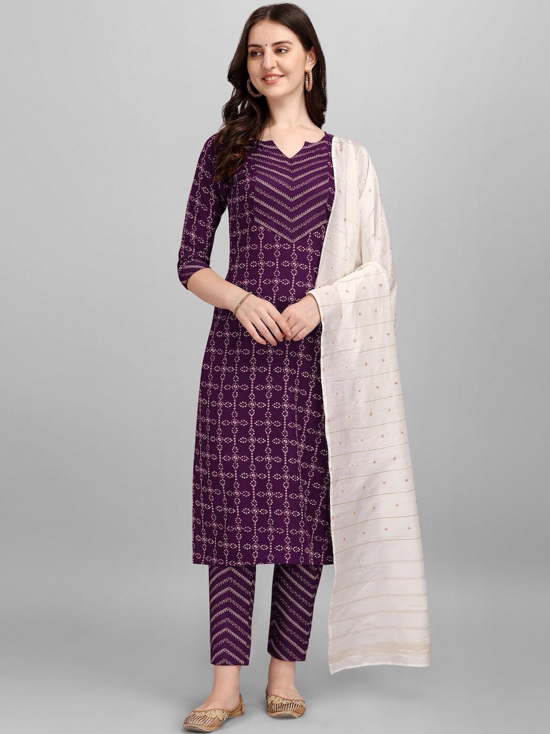 

HERE&NOW Purple Ethnic Motifs Printed Pure Cotton Kurta with Trousers & With Dupatta