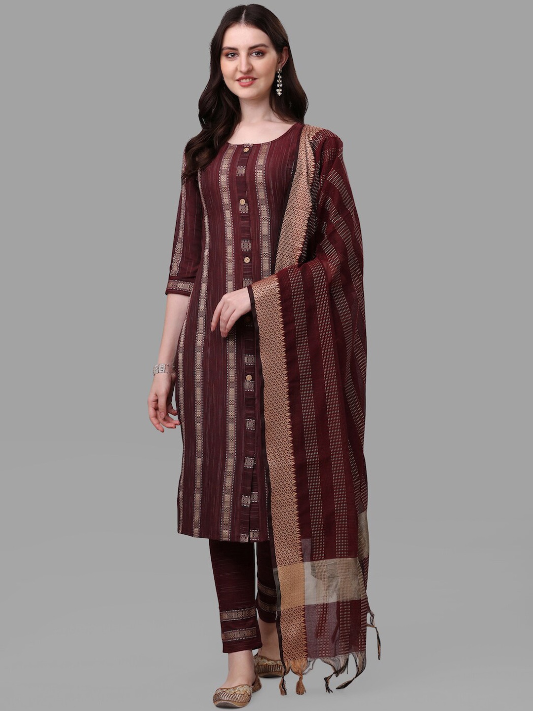 

HERE&NOW Maroon Striped Pure Cotton Kurta With Trousers & Dupatta
