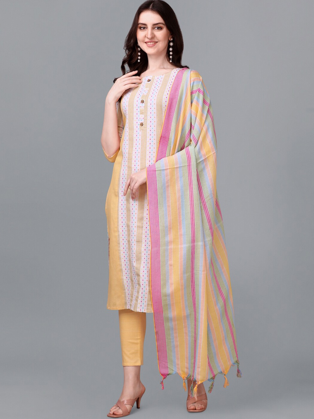 

HERE&NOW Yellow & White Striped Regular Pure Cotton Kurta With Trousers & Dupatta