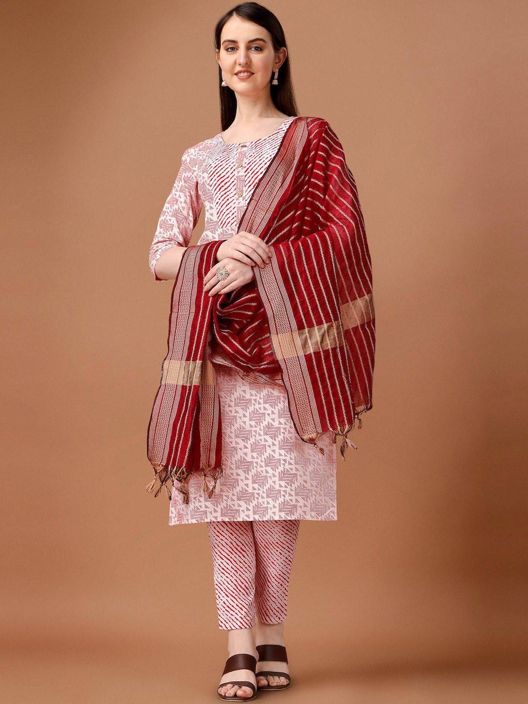 

HERE&NOW Red & White Striped Regular Pure Cotton Kurta With Trousers & Dupatta