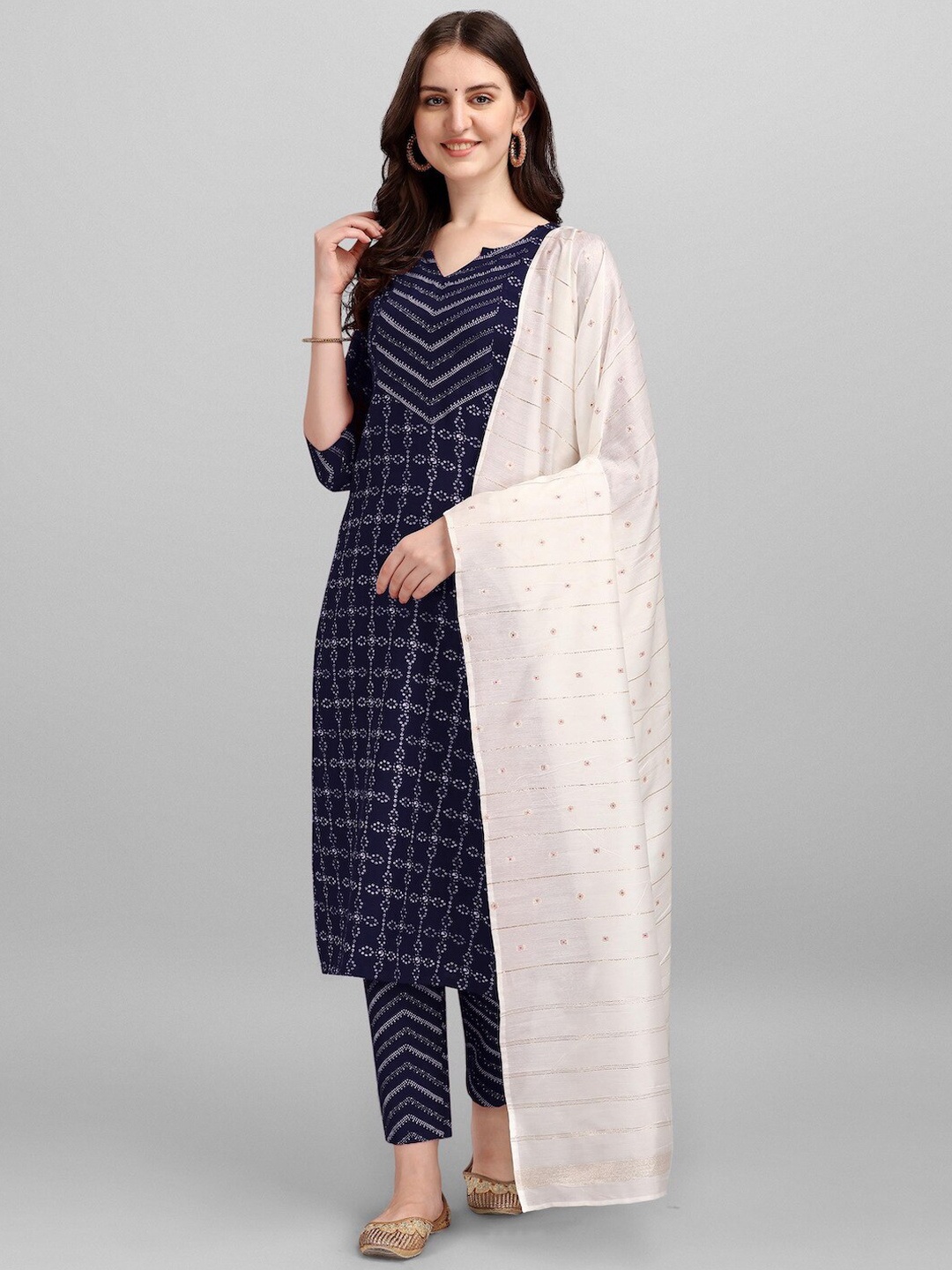 

HERE&NOW Navy Blue & White Geometric Printed Pure Cotton Kurta With Trousers & Dupatta