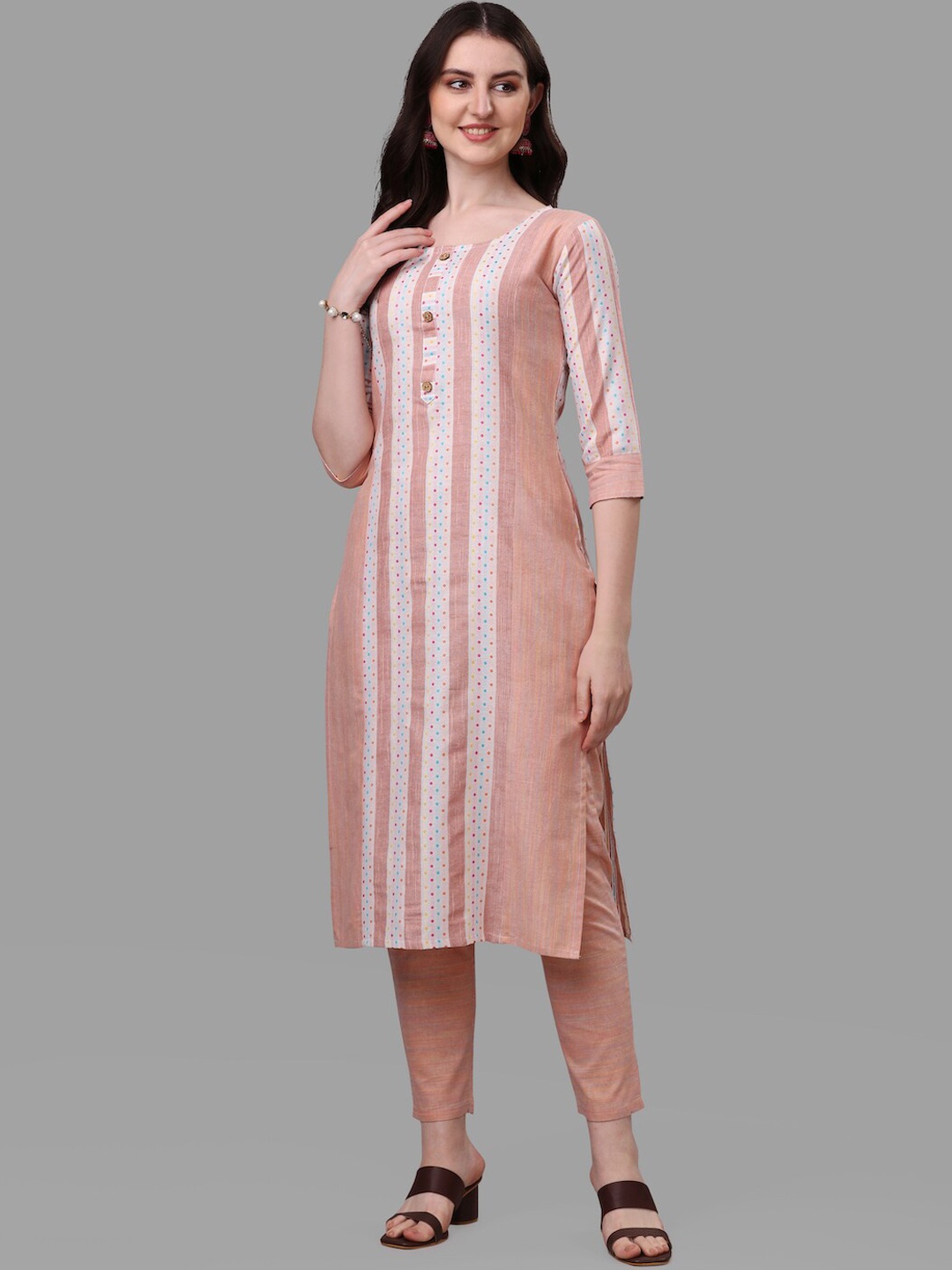 

HERE&NOW Peach & White Striped Pure Cotton Kurta With Trousers & Dupatta