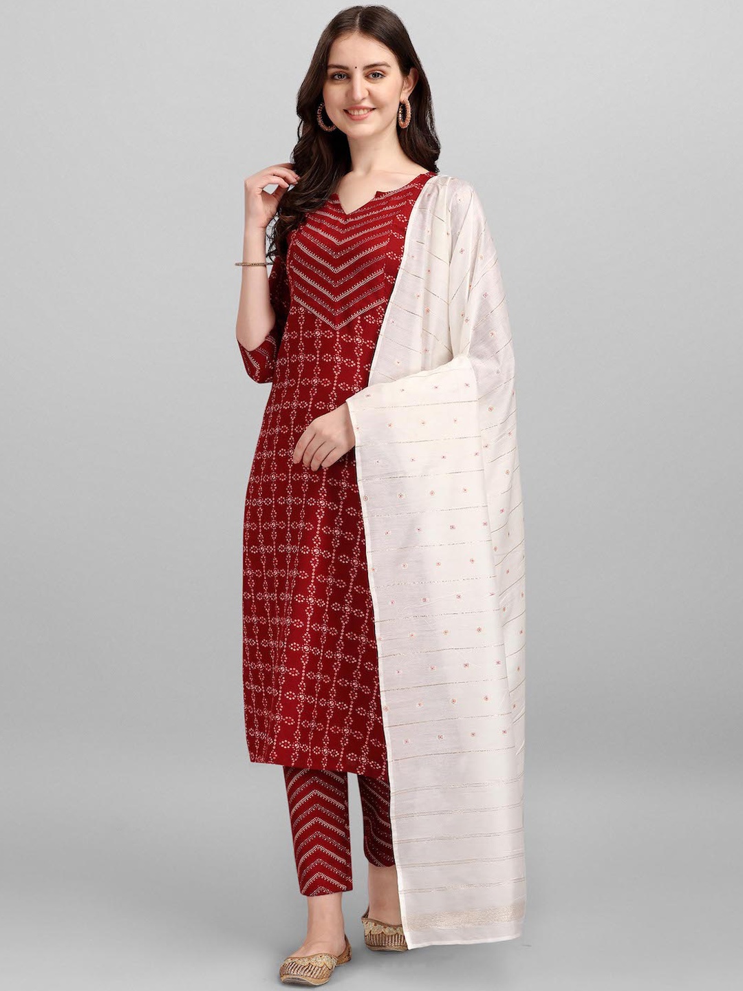 

HERE&NOW Geometric Printed Pure Cotton Kurta With Trousers & Dupatta, Maroon