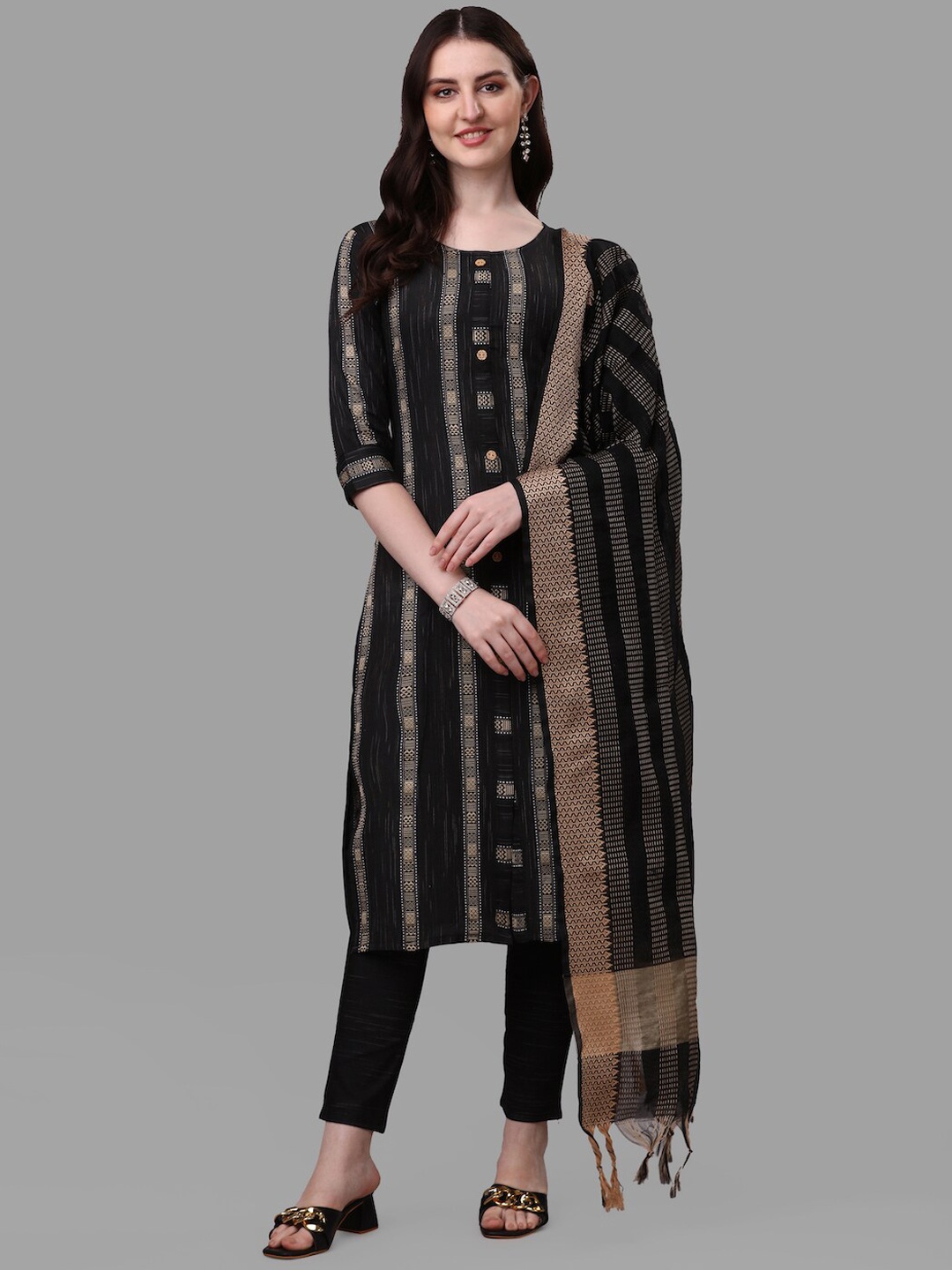 

HERE&NOW Black Striped Regular Pure Cotton Kurta With Trousers & Dupatta