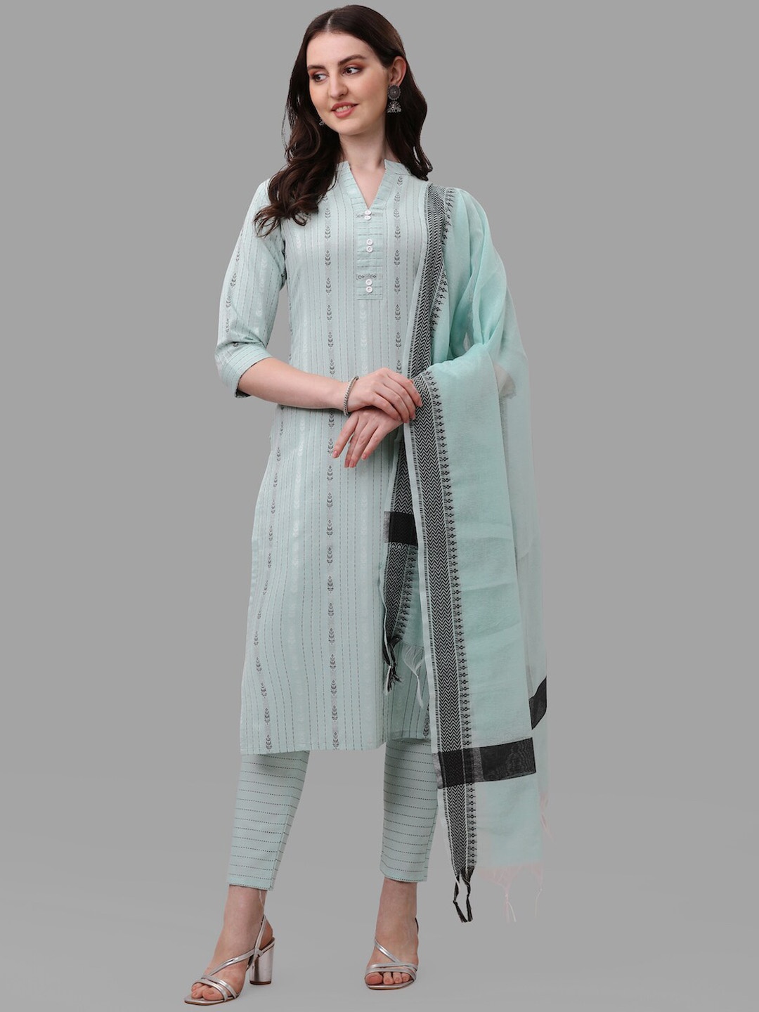 

HERE&NOW Turquoise Blue Striped Regular Pure Cotton Kurta With Trousers & Dupatta
