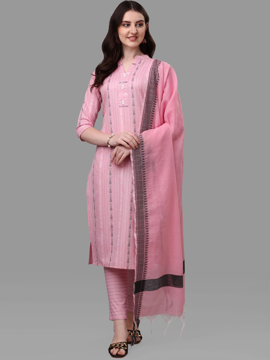 

HERE&NOW Pink & Black Striped Pure Cotton Kurta With Trousers & Dupatta