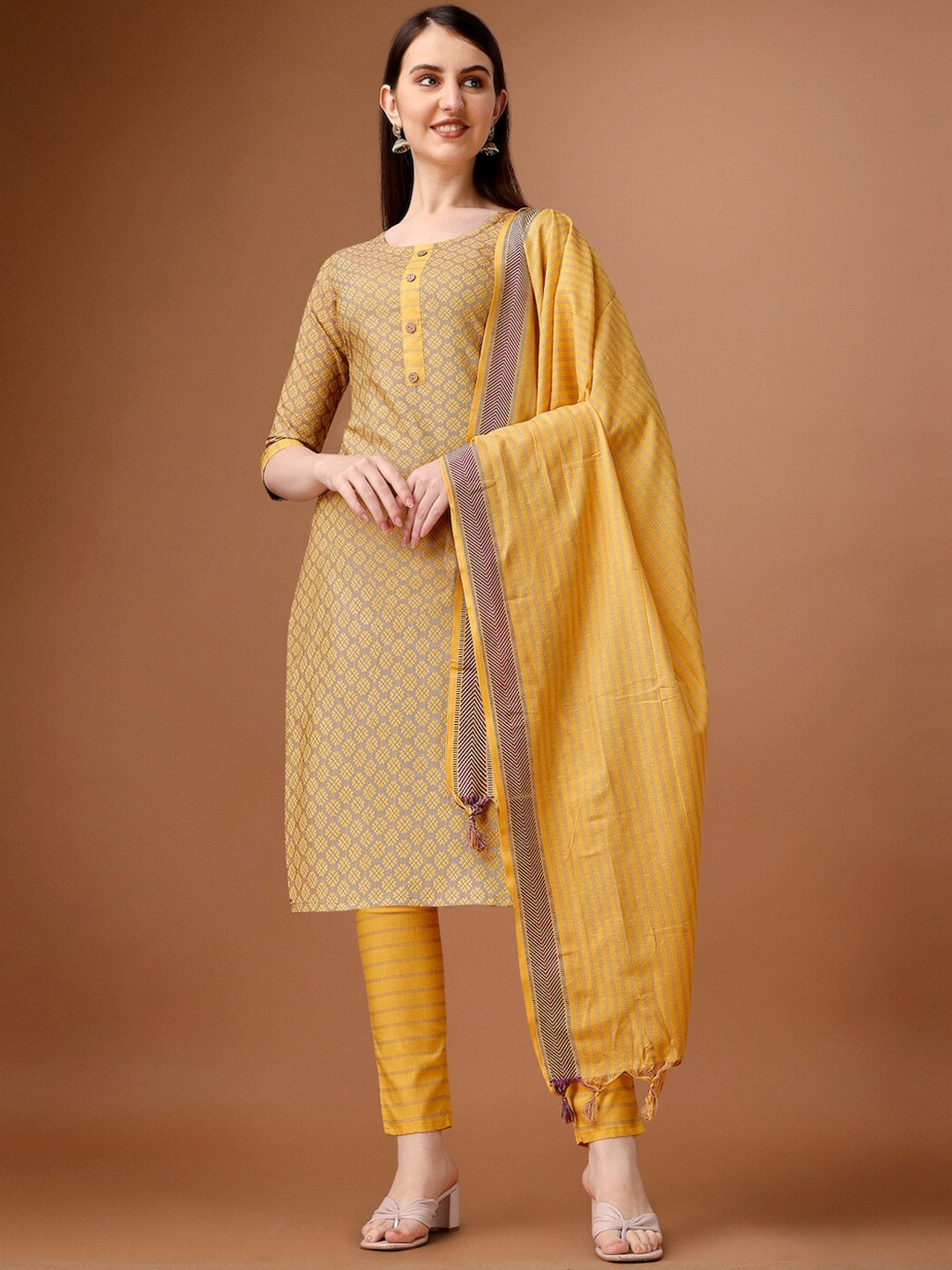 

HERE&NOW Yellow & Brown Ethnic Motifs Printed Pure Cotton Kurta With Trousers & Dupatta