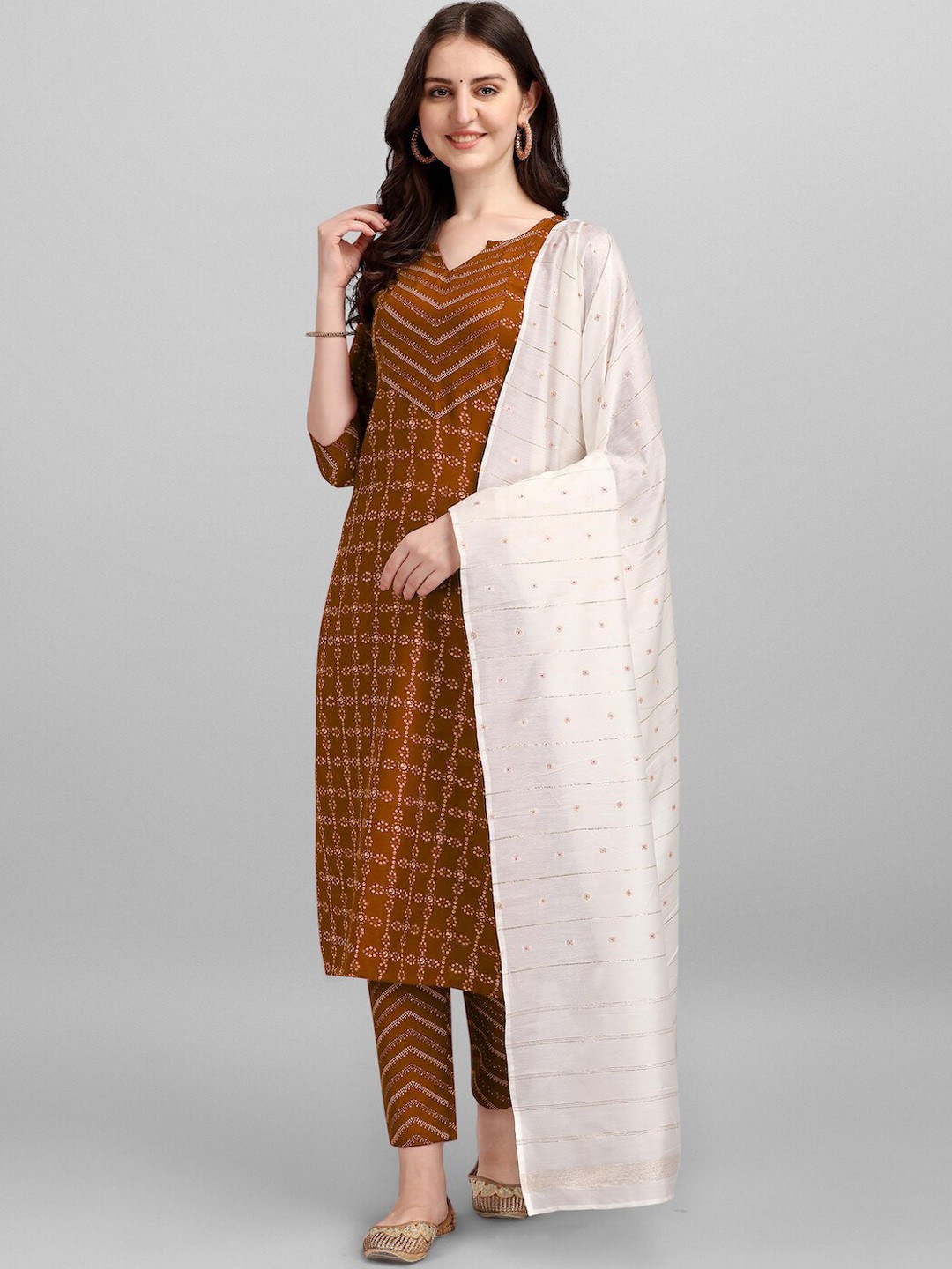 

HERE&NOW Brown & White Regular Pure Cotton Kurta With Trousers & Dupatta, Mustard