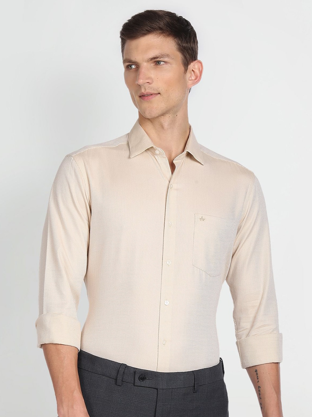 

Arrow Spread Collar Self Designed Cotton Formal Shirt, Beige