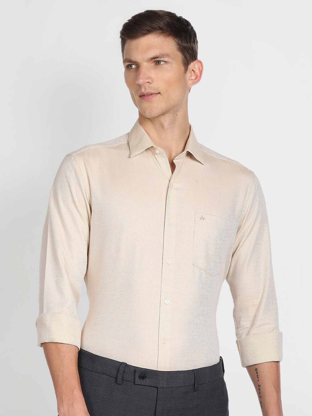 

Arrow Spread Collar Self Designed Cotton Formal Shirt, Beige
