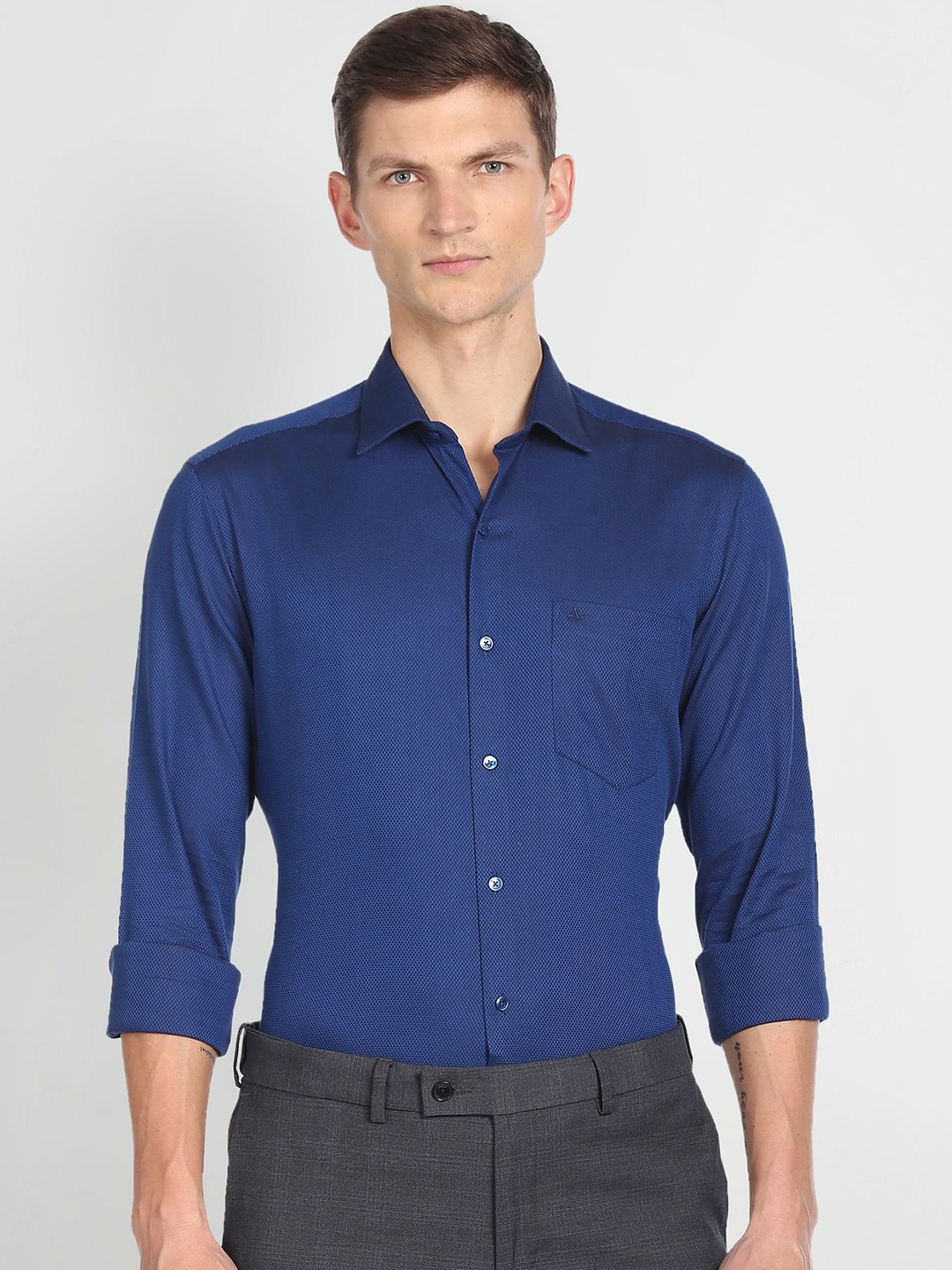 

Arrow Slim Fit Spread Collar Self Designed Cotton Formal Shirt, Blue