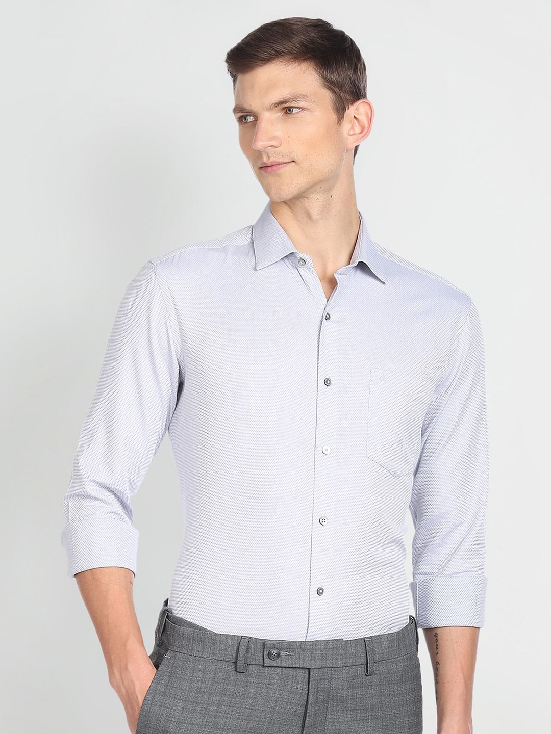 

Arrow Slim Fit Spread Collar Self Designed Cotton Formal Shirt, Grey