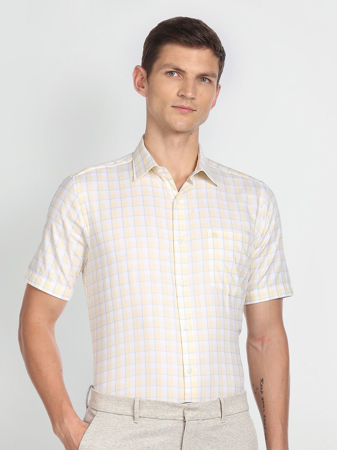 

Arrow Grid Tattersall Checked Pure Cotton Formal Shirt, Yellow