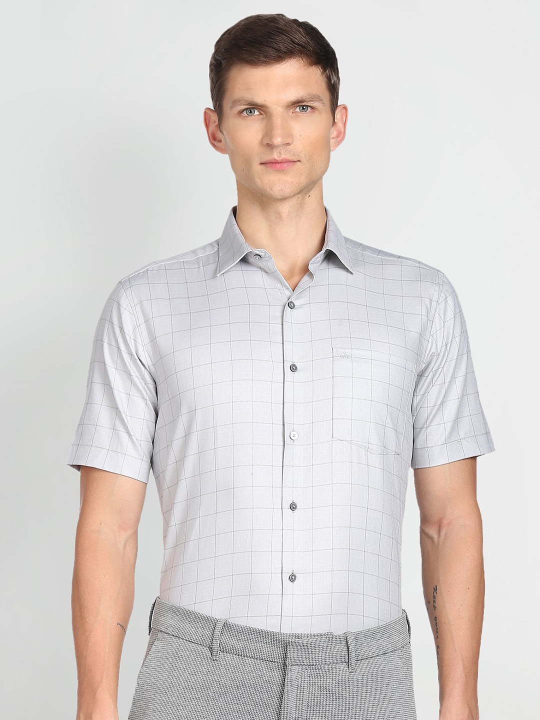 

Arrow Windowpane Checked Pure Cotton Formal Shirt, Grey