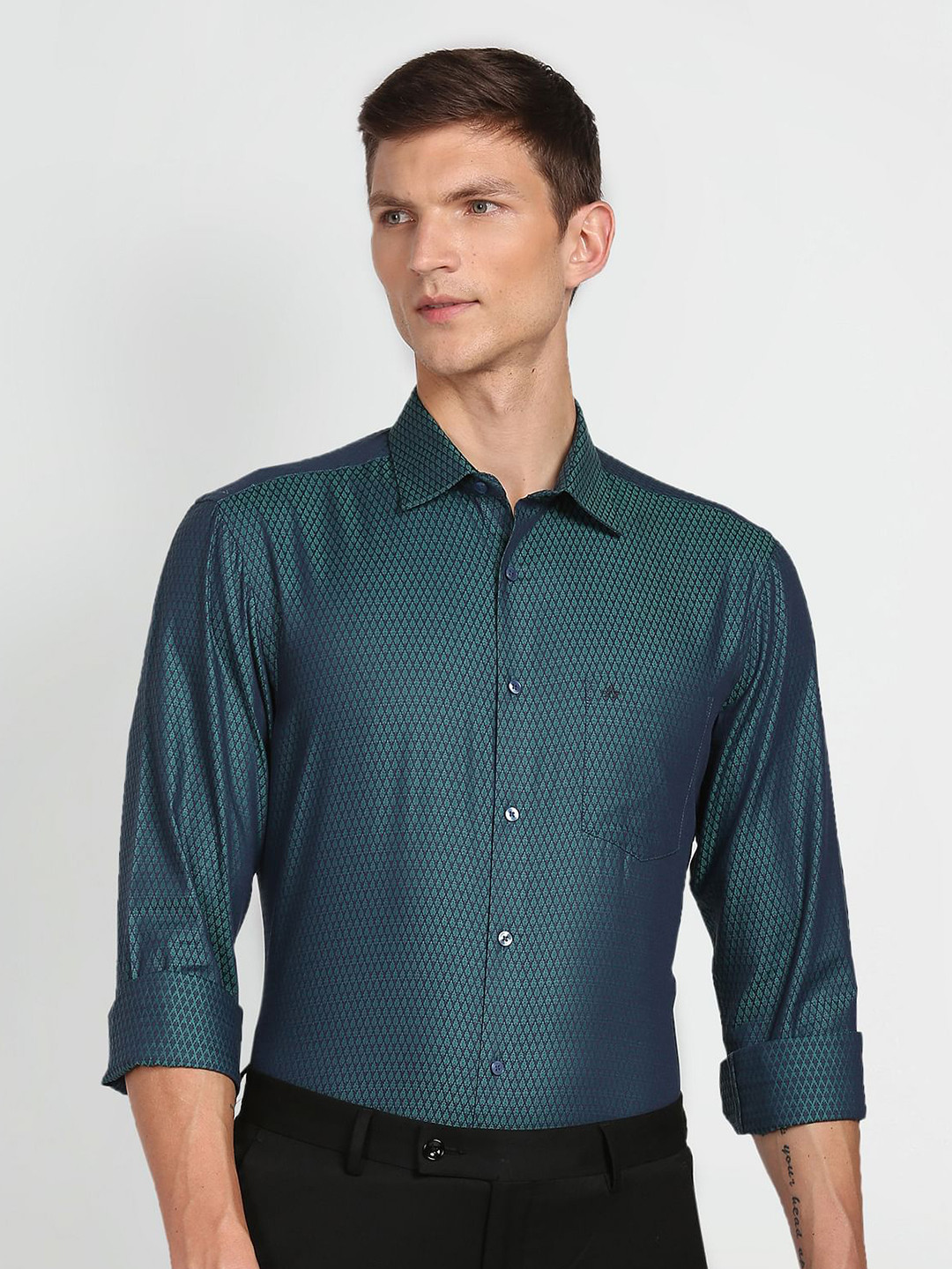 

Arrow Self Design Textured Pure Cotton Formal Shirt, Green