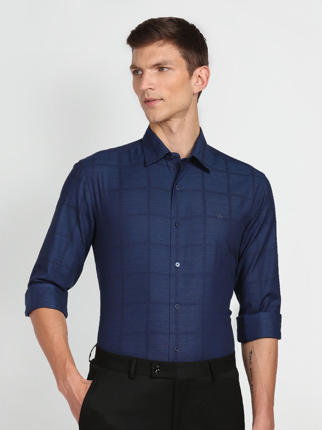 

Arrow New York Slim Fit Windowpane Checked Pure Cotton Formal Shirt, Blue