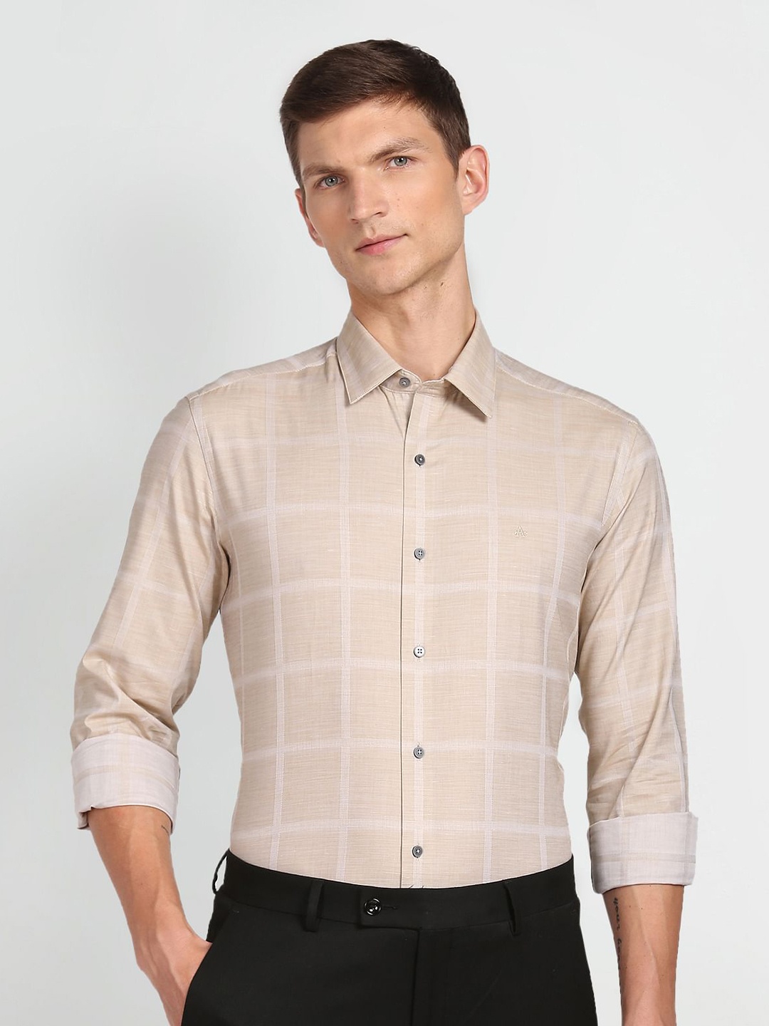 

Arrow New York Slim Fit Windowpane Checked Formal Shirt, Brown