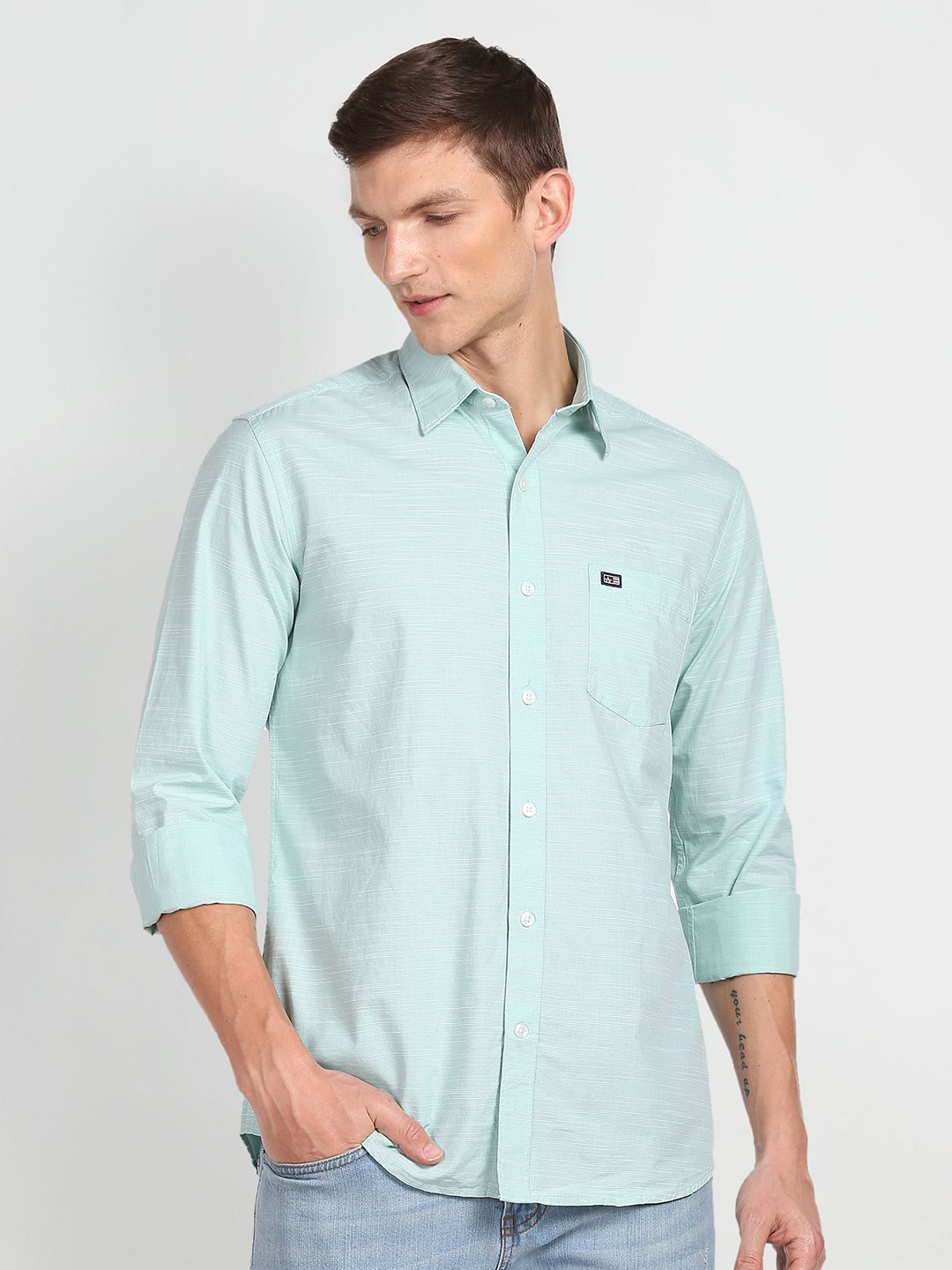 

Arrow Sport Slim Fit Horizontal Striped Pure Cotton Casual Shirt, Green
