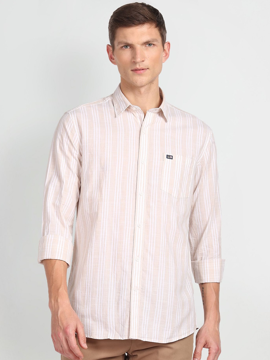 

Arrow Sport Slim Fit Vertical Striped Pure Cotton Casual Shirt, Beige