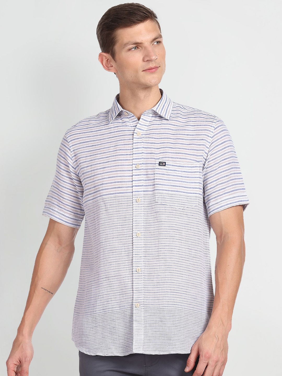 

Arrow Sport Slim Fit Horizontal Striped Linen Cotton Casual Shirt, White