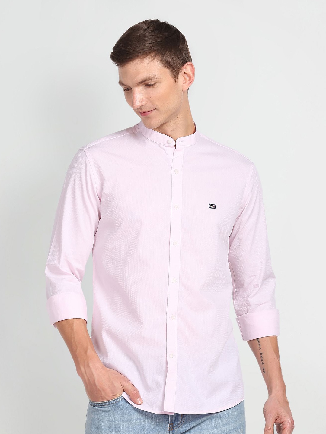 

Arrow Sport Slim Fit Self Design Mandarin Collar Pure Cotton Casual Shirt, Pink