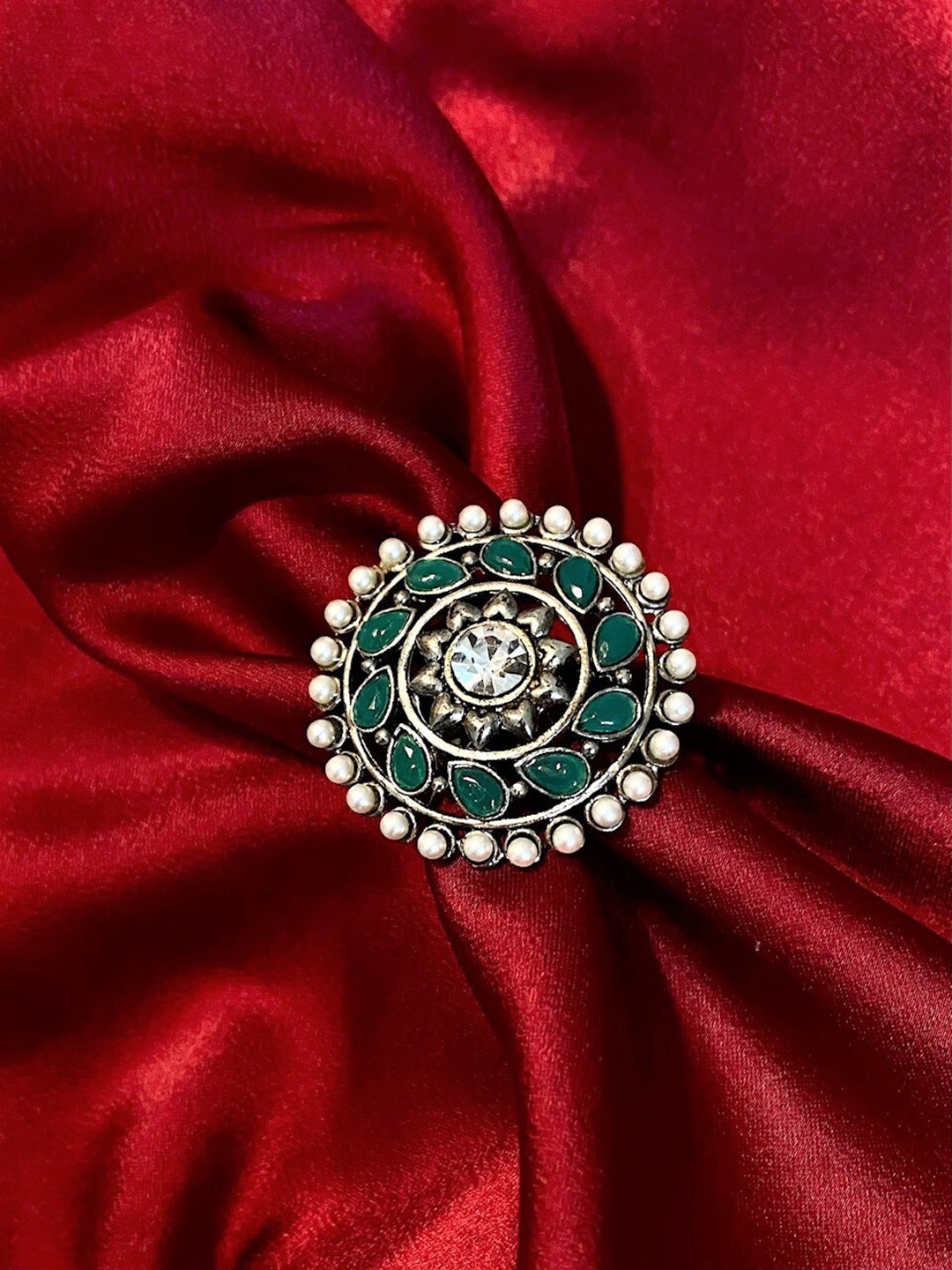 

ATIBELLE Silver-Plated Stone-Studded & Artificial-Beaded Adjustable Ring